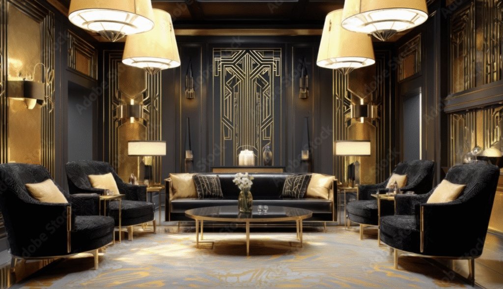Intérieur Art Déco luxueux avec mobilier symétrique, éclairages sculpturaux et décoration géométrique typique des années 1920-1930.