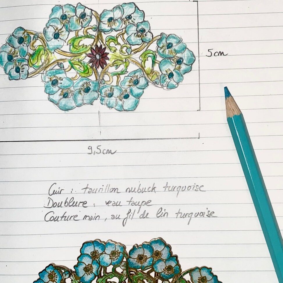 Carnet de croquis boucle cloisonnée florale turquoise Madame Royale Maroquinerie Carnet de croquis boucle cloisonnée florale turquoise Madame Royale Maroquinerie