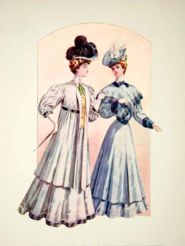 illustration mode Belle Époque vers 1900 robes élégantes et ceintures décoratives