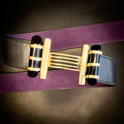 Ceinture COLETTE veau noir boucle art Deco verre noir et laiton Madame Royale Maroquinerie