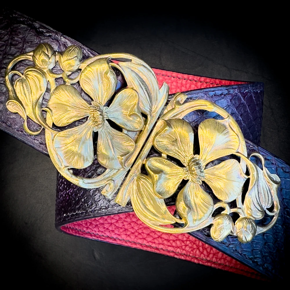 -FLORE- Ceinture en python violet, boucle Art Nouveau (circa 1900), pièce unique