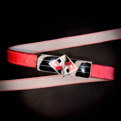Ceinture MARLENE autruche rouge cerise boucle art deco en metal argent emaille Madame Royale Maroquinerie