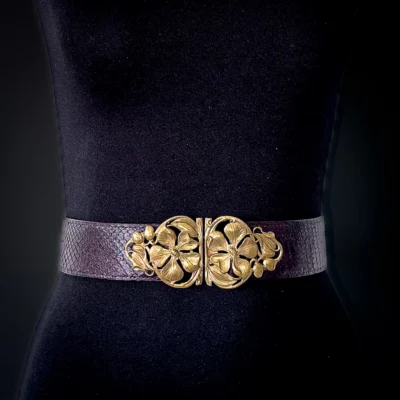 Ceinture FLORE python violet boucle art nouveau laiton Madame Royale Maroquinerie
