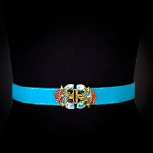 Ceinture ISIS taurillon turquoise boucle art nouveau laiton et emaillee Madame Royale Maroquinerie