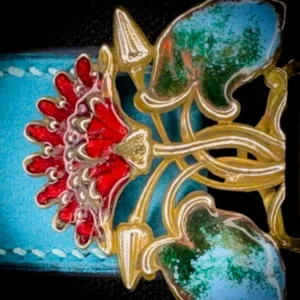 Ceinture ISIS taurillon turquoise boucle art nouveau laiton et emaillee Madame Royale Maroquinerie