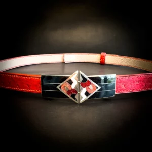 Ceinture MARLENE autruche rouge cerise boucle art deco en metal argent emaille Madame Royale Maroquinerie