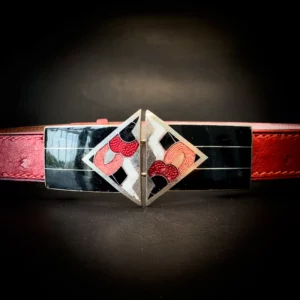 Ceinture MARLENE autruche rouge cerise boucle art deco en metal argent emaille Madame Royale Maroquinerie