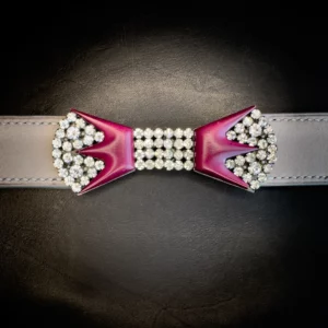 Ceinture CLAUDIA veau taupe strass papillon clairs et bakelite bordeaux Madame Royale Maroquinerie