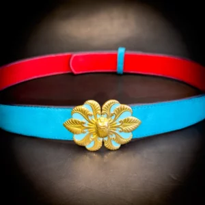 Ceinture HATHOR taurillon turquoise boucle art nouveau laiton Madame Royale Maroquinerie