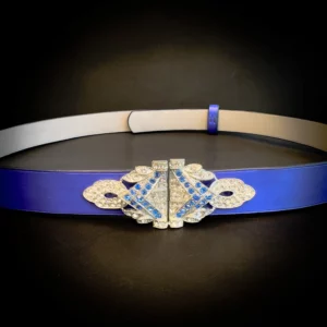 Ceinture NOVA veau bleu roi boucle art deco strass bleus et blancs Madame Royale Maroquinerie