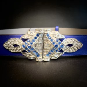 Ceinture NOVA veau bleu roi boucle art deco strass bleus et blancs Madame Royale Maroquinerie