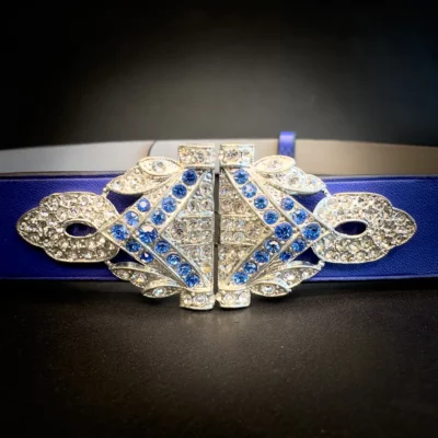 Ceinture NOVA veau bleu roi boucle art deco strass bleus et blancs Madame Royale Maroquinerie