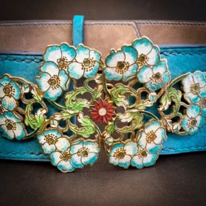 Ceinture CLEOPHEE Taurillon turquoise boucle art nouveau myosotis emaillée Madame Royale Maroquinerie
