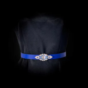 Ceinture NOVA veau bleu roi boucle art deco strass bleus et blancs Madame Royale Maroquinerie