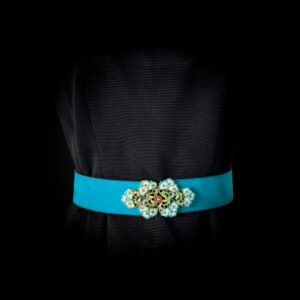 Ceinture CLEOPHEE Taurillon turquoise boucle art nouveau myosotis emaillée Madame Royale Maroquinerie