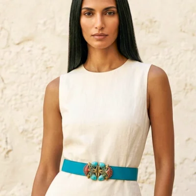 Ceinture bijou artisanale de luxe Isis en taurillon nubuck turquoise cousue main, boucle Art Nouveau égyptomanie au papyrus en laiton et émail cloisonné – Madame Royale