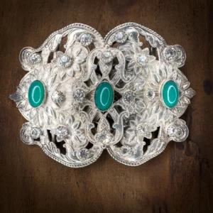 Boucle Art Nouveau argentée strass clairs et cabochons jades Madame Royale Maroquinerie Boucle Art Nouveau argentée strass clairs et cabochons jades Madame Royale Maroquinerie