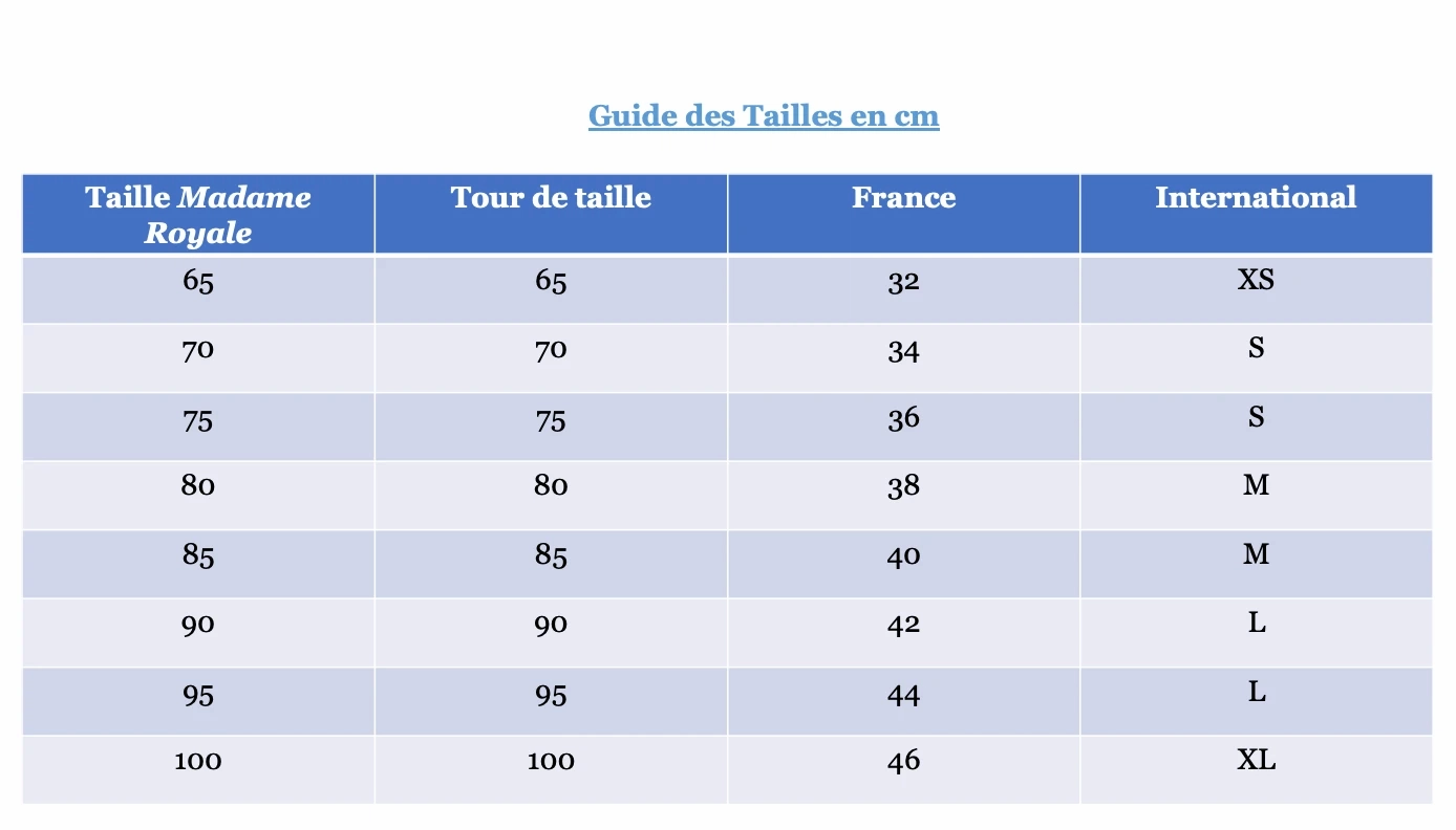 Guide des tailles en cm ceintures Madame Royale Maroquinerie