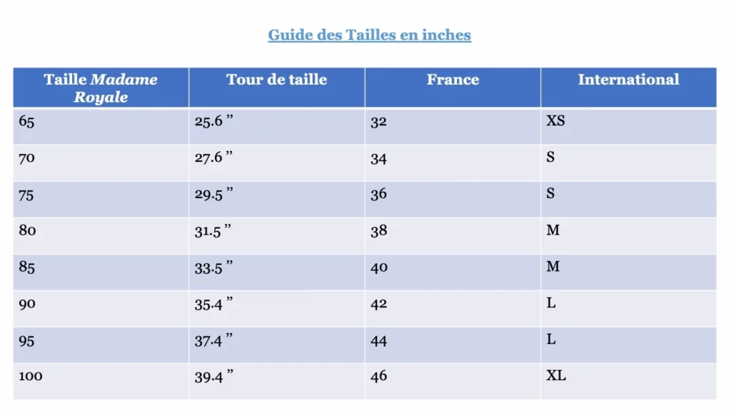Guide des tailles en inches ceintures Madame Royale Maroquinerie