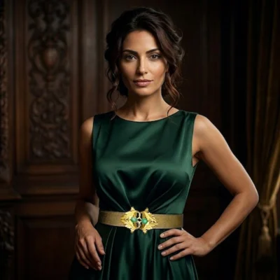 Ceinture artisanale de luxe Madame Royale - veau or patiné et boucle art Nouveau en laiton et verre