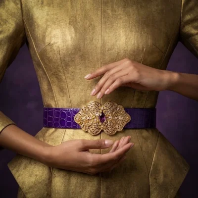 Ceinture bijou Violetta en alligator améthyste brillant sans couture, boucle Art Nouveau en laiton et verre améthyste – Madame Royale