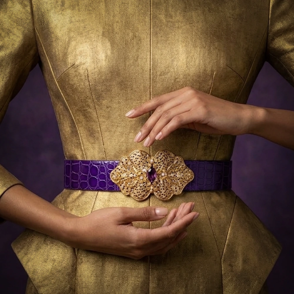 Ceinture bijou Violetta en alligator améthyste brillant sans couture, boucle Art Nouveau en laiton et verre améthyste – Madame Royale