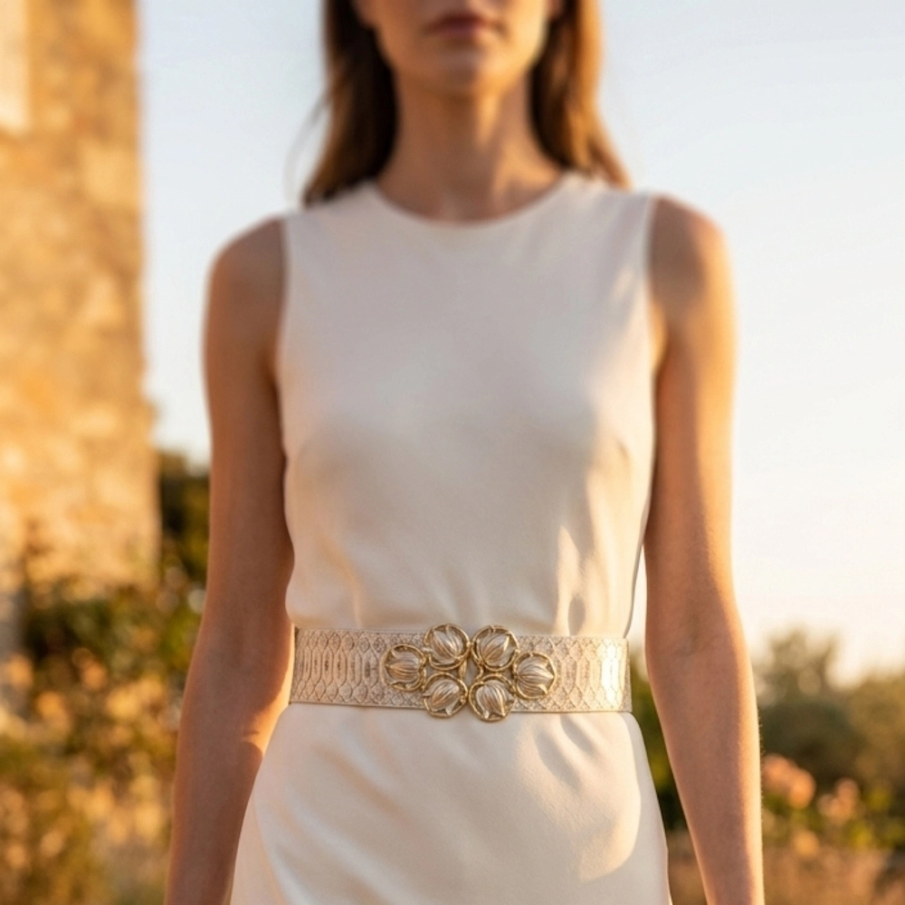 Ceinture en python blanc et rehausses dorées avec boucle Art Nouveau – Madame Royale
