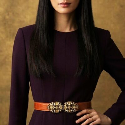 Ceinture bijou artisanale de luxe Sienna en alligator couleur terre de Sienne cousue main, boucle Art Nouveau florale en laiton et émaux – Madame Royale