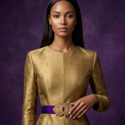 Ceinture bijou Violetta en alligator améthyste brillant sans couture, boucle Art Nouveau en laiton et verre améthyste – Madame Royale