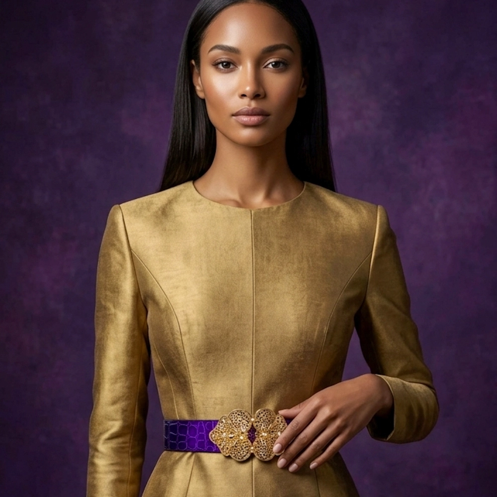 Violetta — ceinture bijou artisanale de luxe en alligator améthyste brillant, réalisée sans couture et ornée d’une boucle Art Nouveau en laiton sertie de verre améthyste. Création de la maison Madame Royale. Violetta — ceinture bijou artisanale de luxe en alligator améthyste brillant, réalisée sans couture et ornée d’une boucle Art Nouveau en laiton sertie de verre améthyste. Création de la maison Madame Royale.