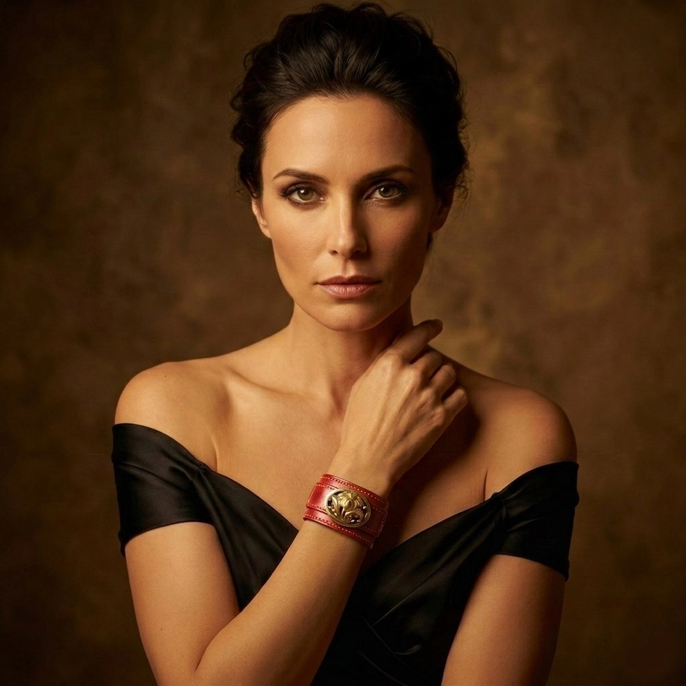 Adélaïde, manchette en cuir bourgogne ornée d’une broche ancienne dorée. Pièce unique façonnée à la main en France. bracelet manchette cuir bourgogne femme broche ancienne dorée