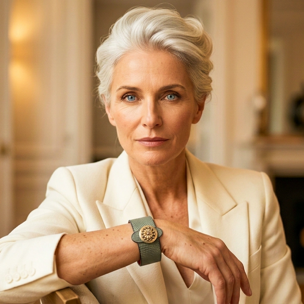 Bracelet manchette cuir lézard sauge porté par une femme avec broche ancienne dorée – Astoria