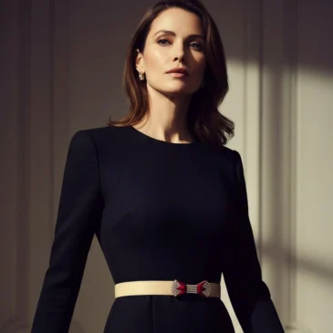 femme portant une ceinture fine à la taille sur robe noire élégante