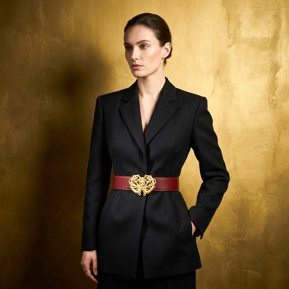 Ceinture bijou Sibylle en cuir bourgogne, création de la maison Madame Royale. La boucle ancienne devient le point central de la silhouette. Ceinture bijou artisanale de luxe femme – Sibylle, en cuir bourgogne Madame Royale