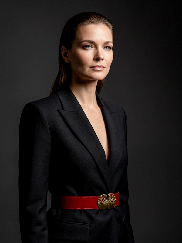 Ceinture bijou artisanale de luxe Ayako en veau glacé rouge cerise cousue main au fil de lin, boucle Art Nouveau en laiton – Madame Royale