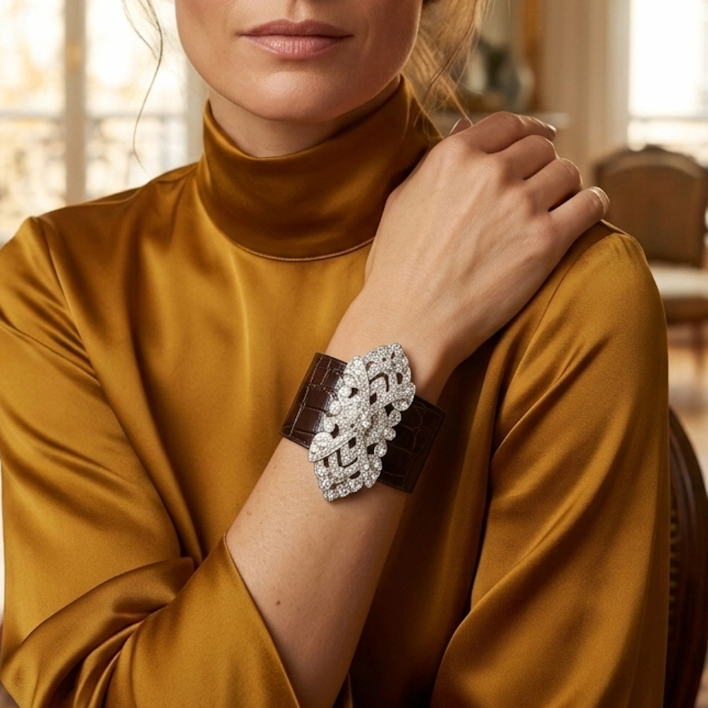 Bracelet manchette en alligator brun porté, sublimé d’une broche Art Déco ancienne sertie de strass – Madame Royale Bracelet manchette en alligator brun porté, sublimé d’une broche Art Déco ancienne sertie de strass – Madame Royale