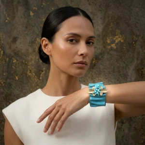 bracelet manchette cuir femme galuchat turquoise broche rousselet calypso