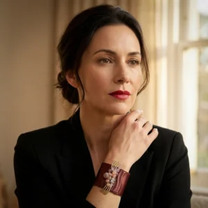 Bracelet manchette cuir femme en agneau bourgogne porté, broche ancienne attribuée à Louis Rousselet, pièce unique Madame Royale