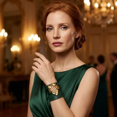 bracelet manchette autruche vert anglais femme broche rousselet perles champagne