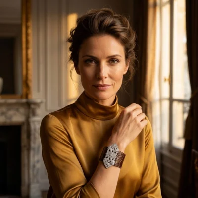 bracelet manchette cuir femme alligator brun broche art deco