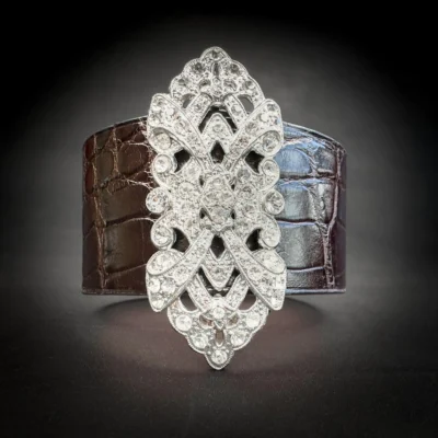 broche art deco strass bracelet manchette alligator brun detail