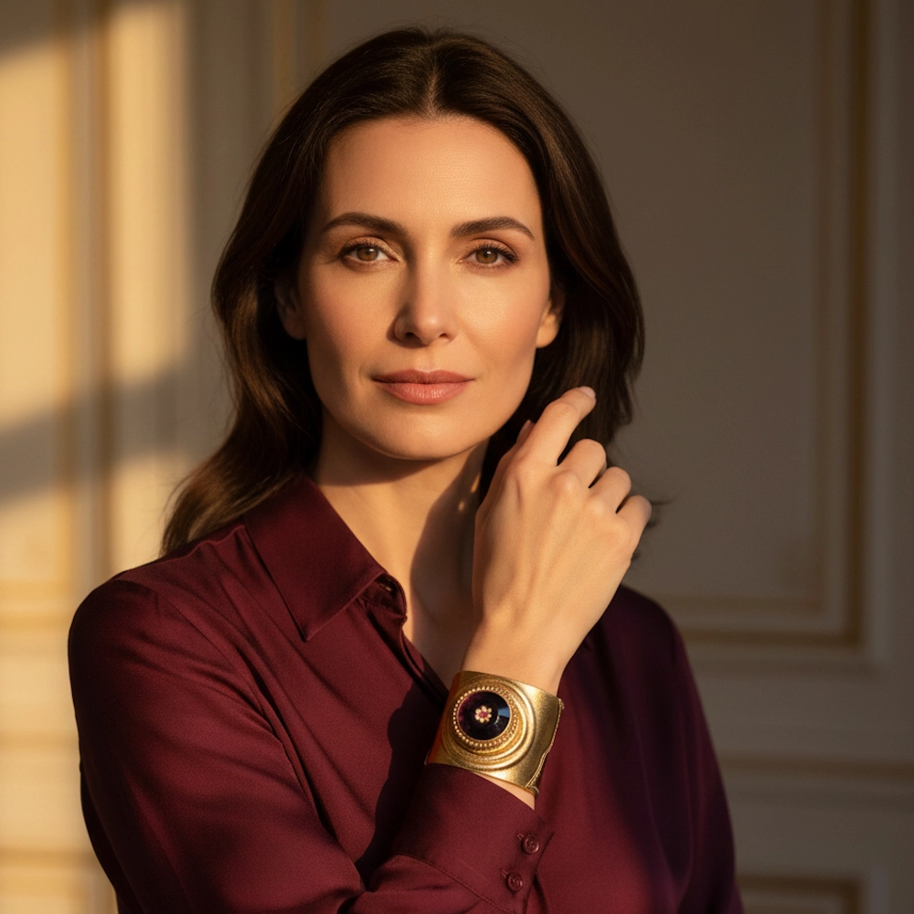 Bracelet manchette cuir femme VIOLETTE porté – broche ancienne Napoléon III montée sur cuir or patiné Bracelet manchette cuir femme VIOLETTE porté – broche ancienne Napoléon III montée sur cuir or patiné