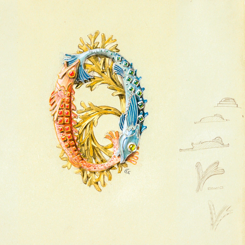Étude de boucle Art Nouveau – Maison Vever vers 1900 Étude de boucle Art Nouveau réalisée vers 1900 pour la Maison Vever, conservée au Cooper Hewitt Museum