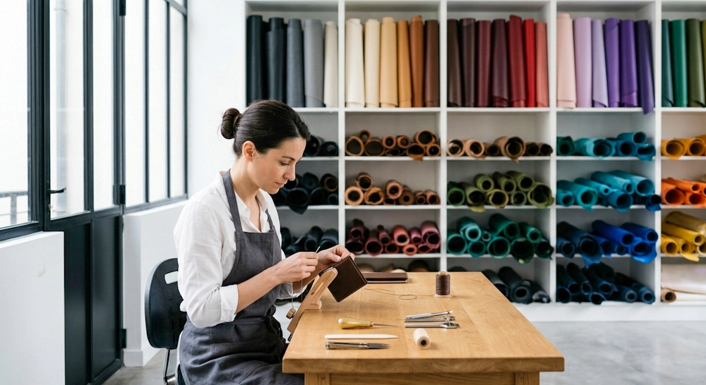 atelier de maroquinerie artisanale avec rouleaux de cuir colorés et artisan travaillant le cuir à la main