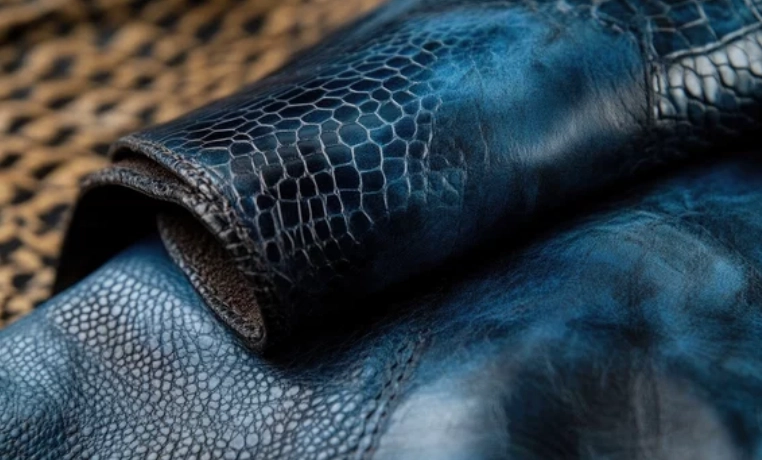 cuir d’autruche bleu texture luxe détail peau exotique haut de gamme