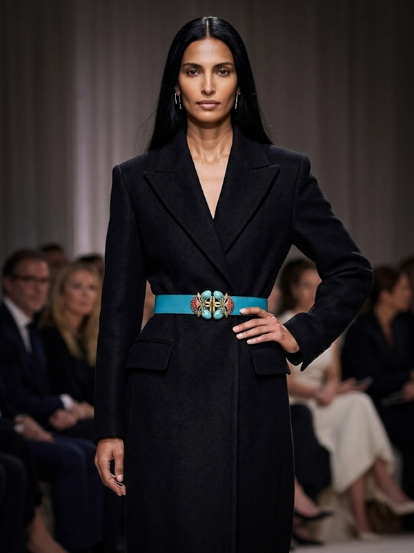porter une ceinture large à la taille sur manteau noir élégant silhouette structurée très couture