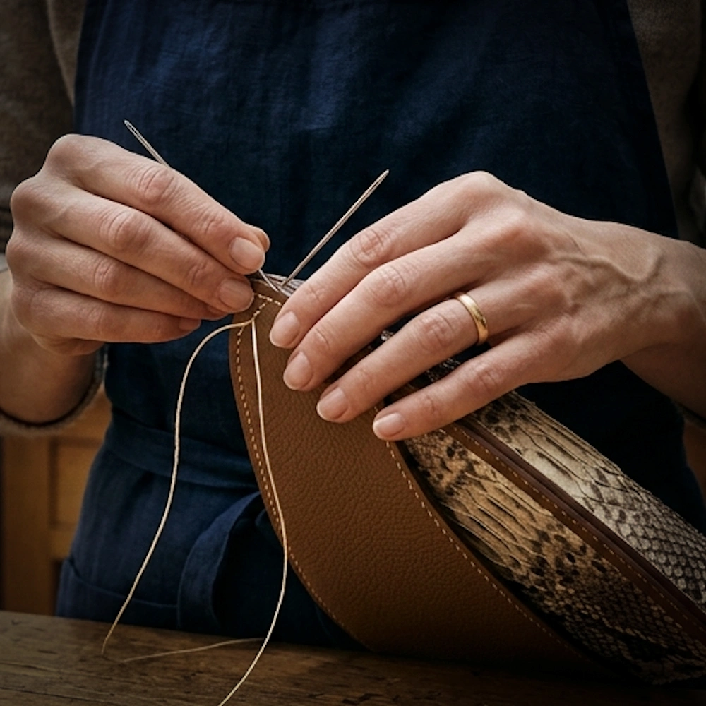 couture sellier à la main sur cuir haut de gamme dans un atelier de maroquinerie artisanale