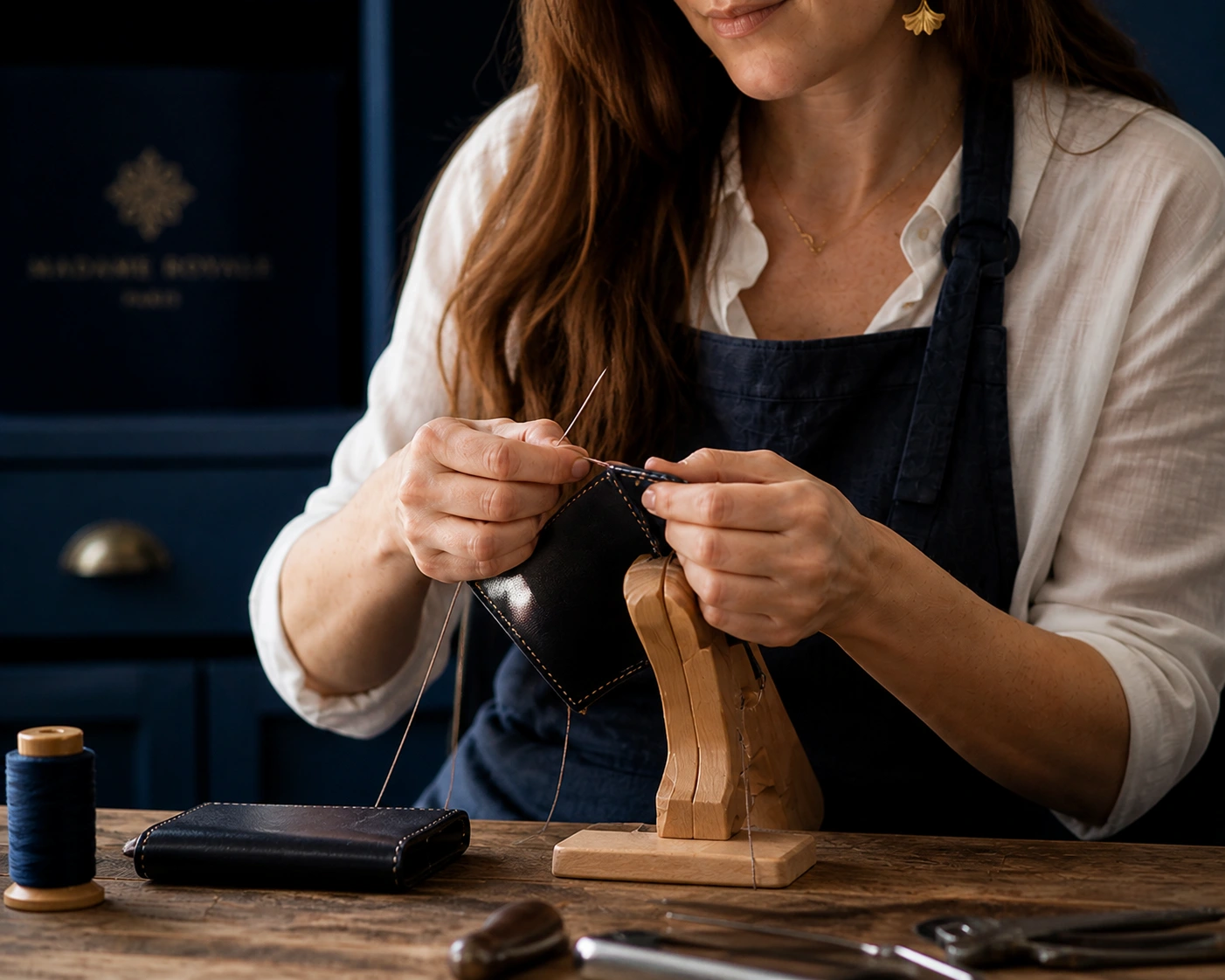 Artisan maroquinier travaillant le cuir à la main dans l’atelier Madame Royale – fabrication de maroquinerie artisanale de luxe