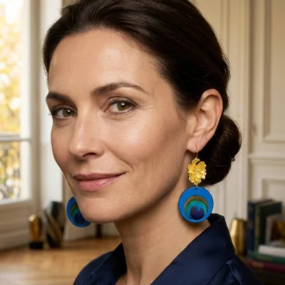 Boucles d’oreilles en agneau bleu cobalt, véritables plumes de paon et laiton doré à l’or fin 24 carats portées par un modèle