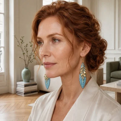 Boucles d’oreilles en alligator bleu céladon, amazonite et laiton doré à l’or fin 24 carats portées par un modèle